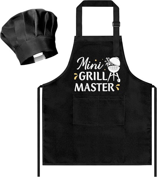R HORSE Kid Apron and Chef Hat Set 2Pcs Adjustable Black Mini Grill Master Children Kitchen Apron, Dress up Role Play Chef Toy Funny Cooking Baking Painting and Training Kits for Kids Birthday Gift