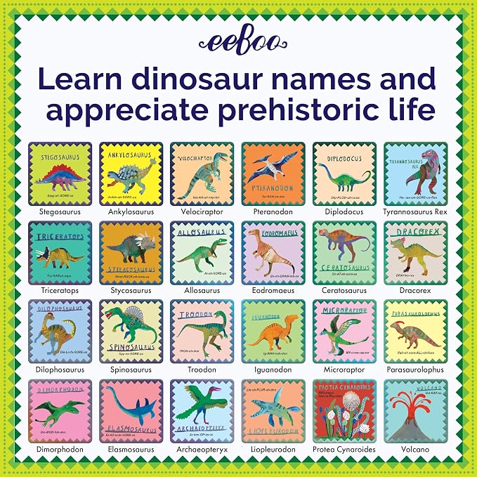 eeBoo Shiny Dinosaur Memory & Matching Game, Ages 3+, 1-4 Players | Teaches dinosaur names & pronunciation. Sharpens recognition, concentration & memory skills. Includes 48 foil tiles, 24 pairs