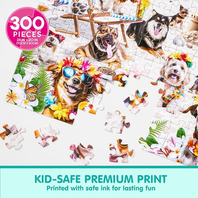 JOYIN 300 pcs Vacation Pups Dog Puzzles, Jigsaw Puzzle for Kids and Adults(27.6" x 19.7"), Vacation Puppy Theme Puzzles for Toddlers, Easter Collection Gift Home Art Decor