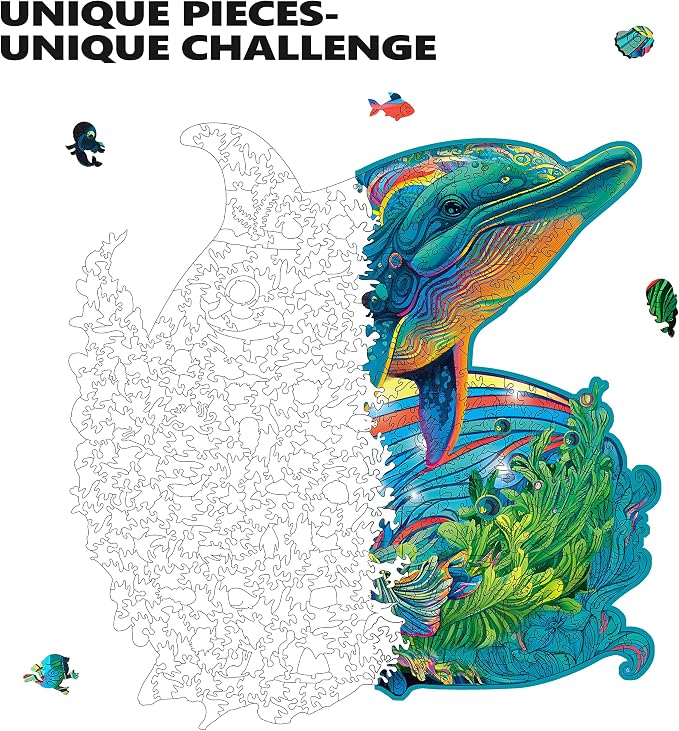 Mys Aurora Wooden Puzzles, Dolphin Jigsaw Puzzles 200 Pieces | Unique Shaped Wooden Puzzles for Adults and Kids, Family Game 11.4x11 Inch