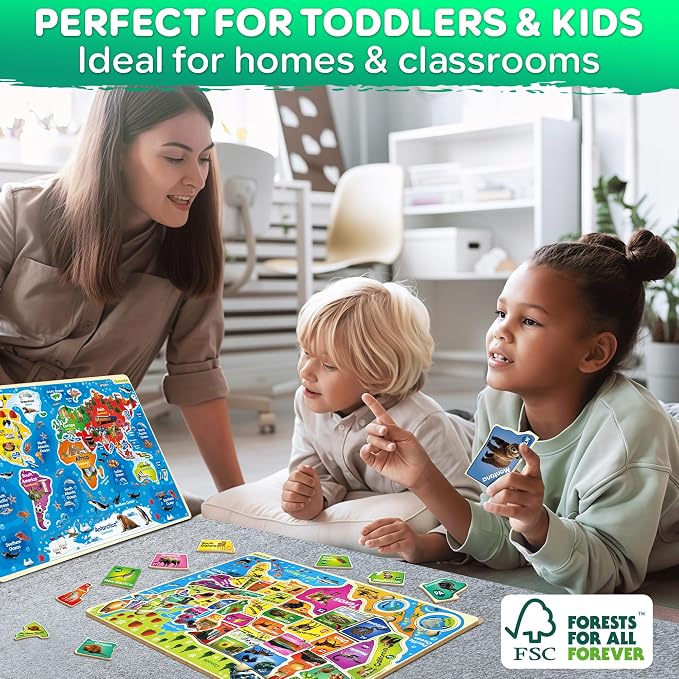 Wooden Puzzles for Kids Ages 4-6 - Toddler Puzzles Ages 3-5 USA & World Map | Montessori Wood Educational Puzzles for Toddlers 2-4 Years Old - Geography Learning Games for Kids 6-8