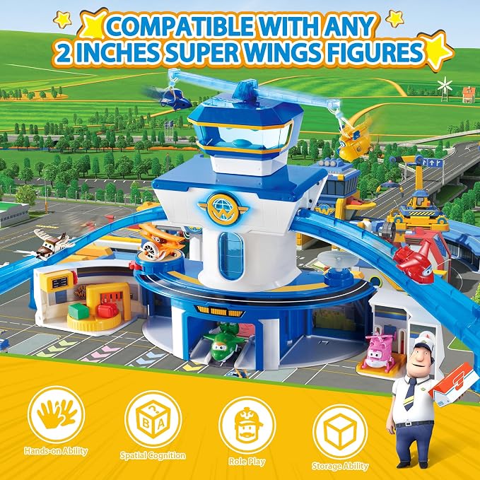 Super Wings World Airport Playset, Includes 2" Transform-a-Bot Jett and Donnie Figures, Preschool Educational Learning Toys for Boys and Girls Age 3 4 5 6, Birthday Gifts for Kids