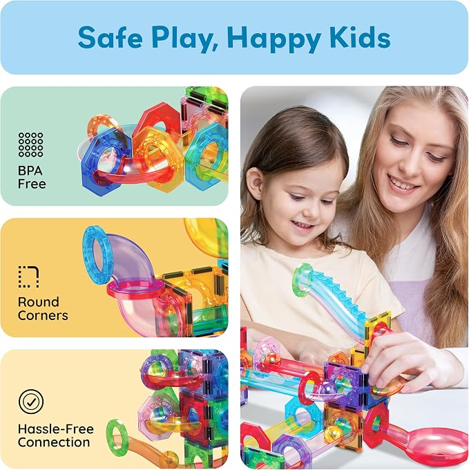 PicassoTiles Magnetic Marble Run Add-On Expansion Pack for Magnet Tile Building Blocks Maze Construction Toy Kit Educational STEM Learning Enhances Creativity Imagination Children Ages 3+ PTG01