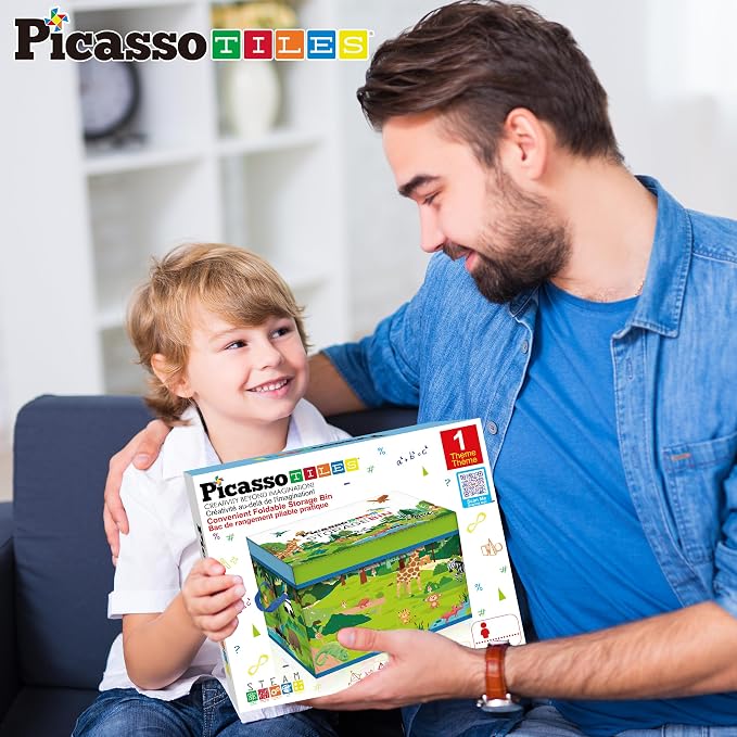 PicassoTiles Foldable Toy Storage Chest Box Forest Animal Theme Magnet Tile Organization Bin with Lid and Handles Magnetic Tiles Playroom Organizer STEM Early Educational Toys Boys Girls Ages 3+ PTA34