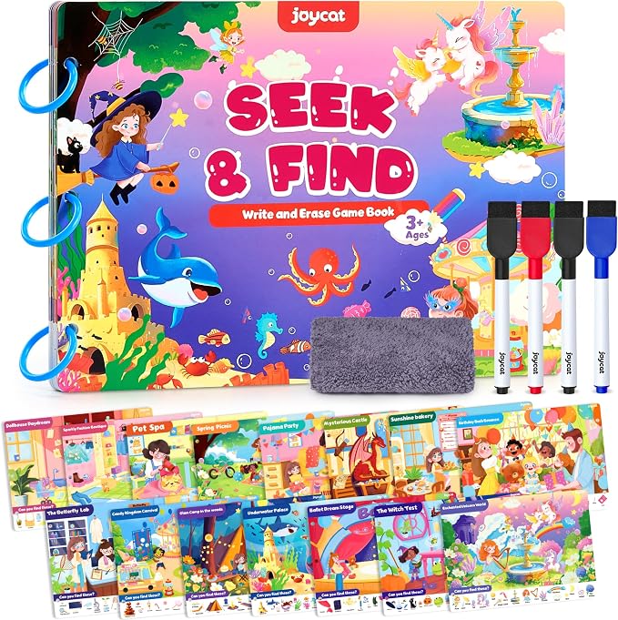 JoyCat Seek & Find Game Book, Educational Toys for Girls Ages 3-6 | Preschool Learning Activities for Toddlers & Kids, Christmas Road Trip Travel Toys for Car & Airplane, Gifts for 3-6 Olds