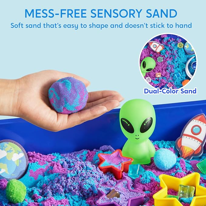 JOVA Klever Kits Outer Space Sensory Bin for Kids with Glow in The Dark Alien and Rocks, Sandbox with Lid Dual-Color Sand, Preschool Learning Activities Gifts for Boys Girls Age 3+