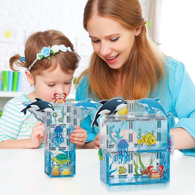 PicassoTiles 26 Piece Magnetic Tiles, Ocean Marine World STEM Set Ages 3+ | Eight sea creature figures, vivid printed designs, screen-free imaginative play, hands-on early learning fun for curious kids