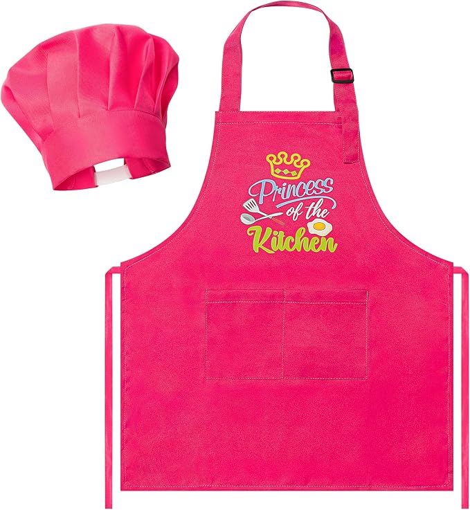 R HORSE 2 Piece Kid Apron and Chef Hat Set, Children Role Play Chef Toy | Rose Red Princess Adjustable Kitchen Apron for Girls, Ideal for Cooking, Baking, Painting, Training, Cooking Birthday Gift