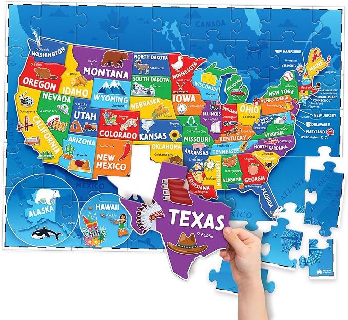 United States Puzzles for Kids Ages 4-6, 6-8 - Educational Toys for Boys & Girls - 70Pcs USA Map Kids Puzzles with 50 States & Capitals - Floor Jigsaw Kids Puzzle - Learning Activities Gifts