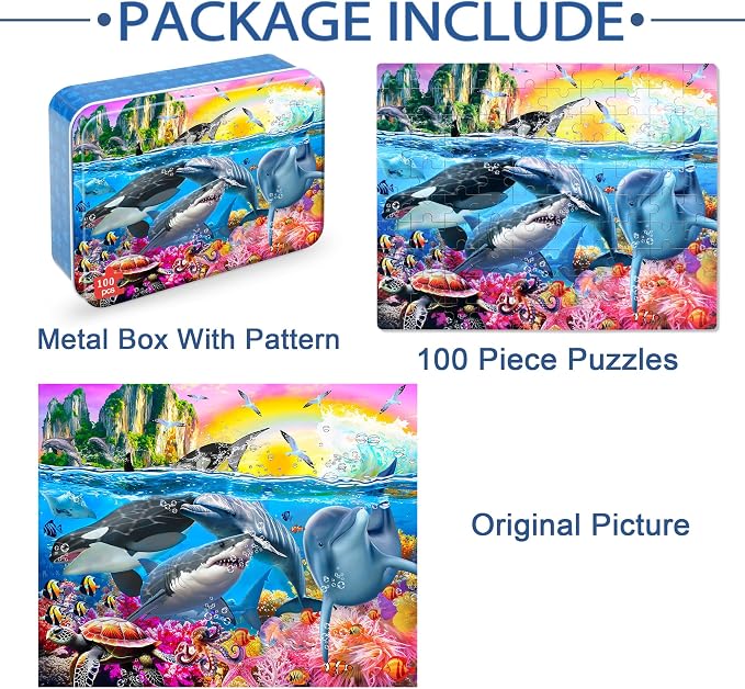 LELEMON Puzzles for Kids Ages 4-6,Underwater World 100 Piece Puzzles for Kids Ages 4-8 in a Metal Box, Educational Jigsaw Puzzles 100 Piece Puzzle Games Puzzle Toys for Girls and Boys