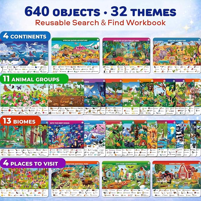 Busy Book for Toddlers 3-5 - Reusable Dry Erase Workbooks for Kids 4-6 | Wildlife Search and Find Activity Book with Markers - Workbook for Travel and Quiet Time Learning