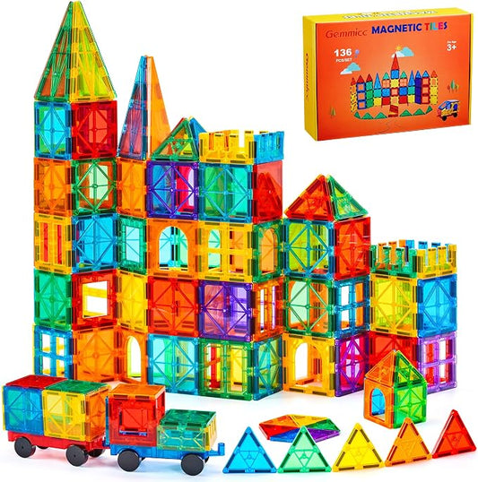 Gemmicc Magnetic Tiles, Deluxe 136 PCS Building Blocks Magnet Toys for Kids,3D Magnet Puzzles Stacking Blocks for Boys Girls,Huge Set with 2 Cars