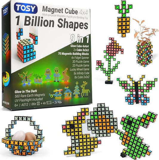 TOSY Magnet Cube 4x4 - 560 Magnets, 70 Blocks, 8 in 1 Toy: Puzzle Cube Game, Creative Building Blocks, Transformable Fidget Spinner, Infinity Cube, Magnet Tiles, UV Flashlight, Glowing STEM/STEAM Toy