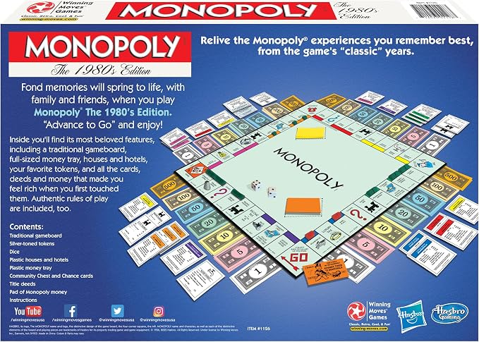 Monopoly The 1980's Edition, with Original Art, by Winning Moves Games USA | Includes Classic Tokens, For 2 to 8 Players, Ages 8+