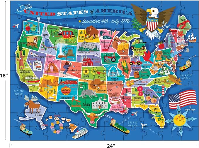 RoseArt Map of USA Puzzle for Kids – 100 Large Pieces, 24" x 18" – Educational United States Puzzle with Fun State Illustrations – Made in USA – Learning Toy for Ages 6+