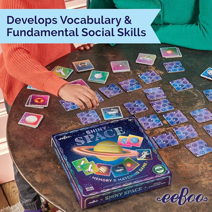 eeBoo Shiny Space Memory & Matching Game, Ages 5+, 1-6 Players | Introduces space & science vocabulary. Sharpens recognition, concentration & memory skills. Includes 48 foil tiles, 24 pairs