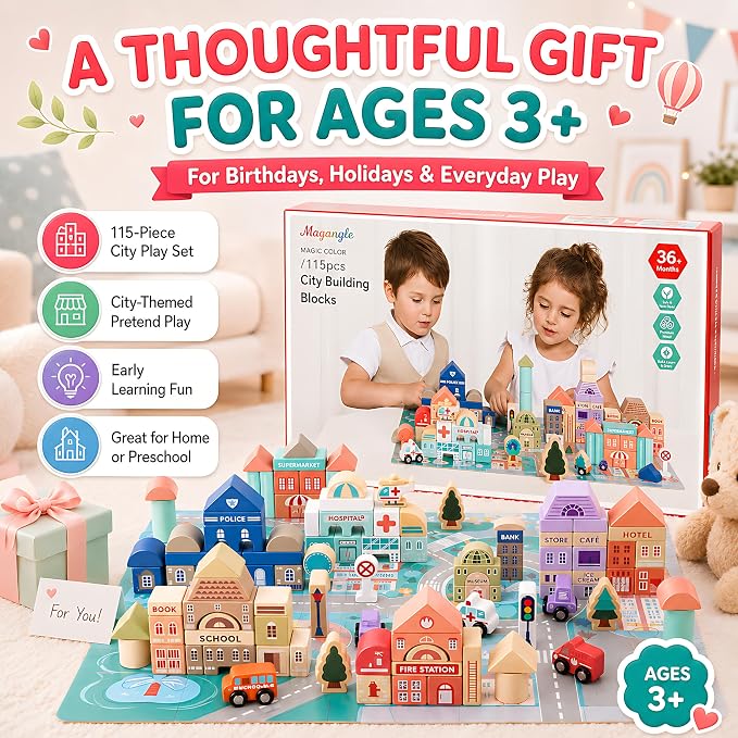 Migargle Wooden Building Blocks Set, 115 Pcs City Construction Stacker Stacking Preschool Learning Educational Toys, Toddler Toys for 3+ Year Old Boy and Girl Gifts