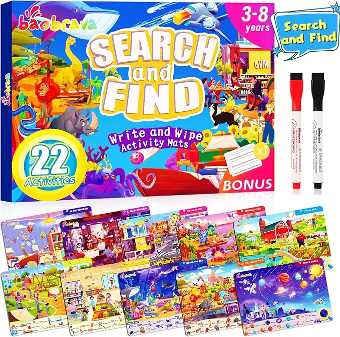 Baobrava Search and Find Game Books, Preschool Learning Activities for Kids | Flash Cards, Travel Games Toys for Road Trip Car Airplane, Educational Seek Activity Birthday Gifts for Boys Girls Age 3-8