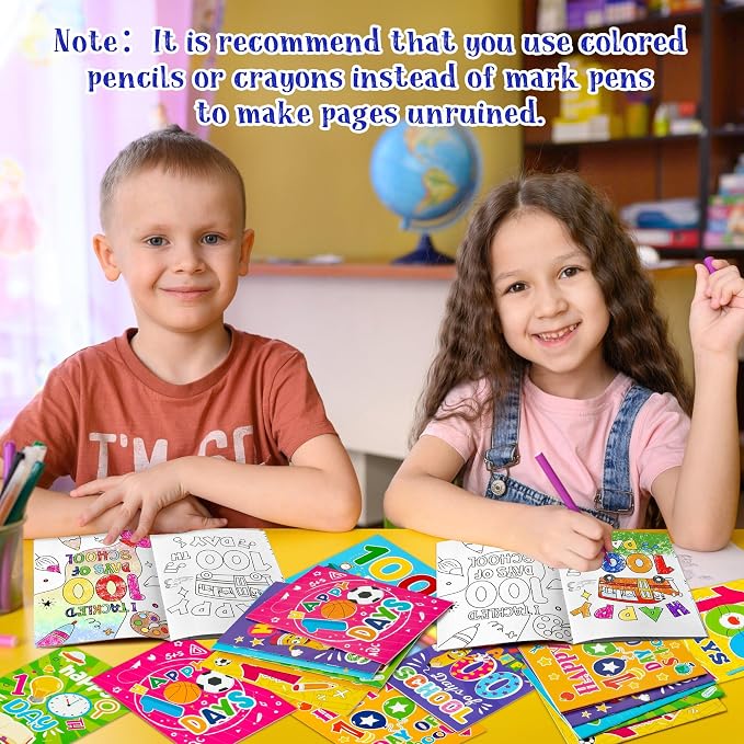24Pcs 100th Day of School Coloring Books Happy 100 Days DIY Color-in Pages Pencil Book Clock Cute Patterns Drawing Booklet Classroom Reward Art Activity Gifts Party Favors Supplies for Kids