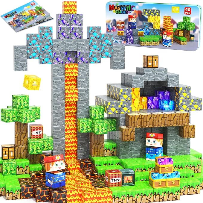 Magnetic Blocks Travel Toys with Iron Box Preschool Educational Kids Toys | Portable Travel Essentials Learning Outdoor Building Cubes 40PCS STEM Birthday Gifts for Boys & Girls Ages 3+