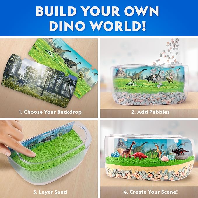 National Geographic Light-Up Dinosaur Terrarium Science Kit for Kids | Multicolor Light, Play Sand, Real Gemstones and Dino Figures, Prehistoric Habitat, DIY Science Activity, Birthday Gift