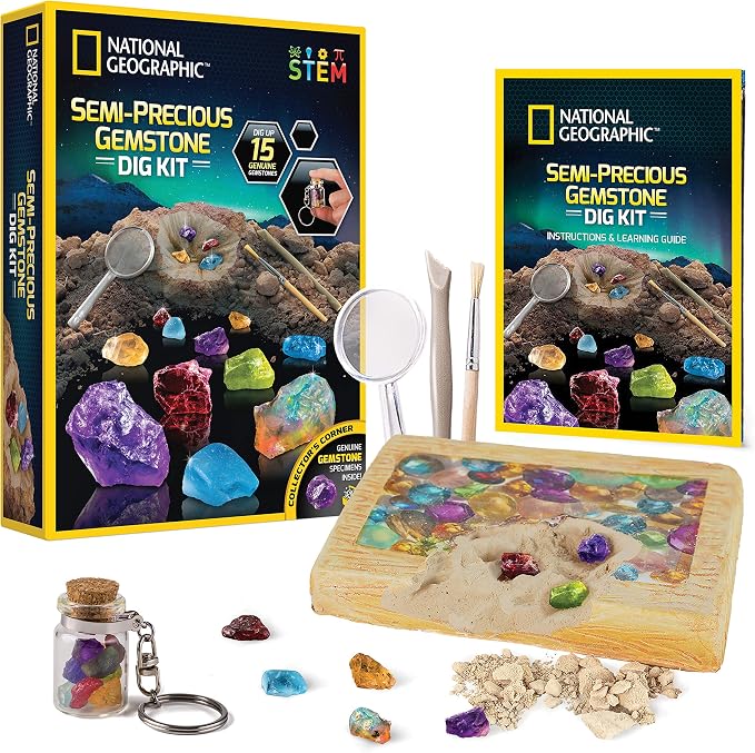 National Geographic Semi-Precious Gemstone Dig Kit for Kids - 15 Real Gems Including Amethyst, Garnet, Opal, Blue Topaz, and More, STEM Rock Collection Activity, Dig Brick, Science Kit for Kids | 15 Real Gems, Amethyst, Garnet, Opal & Blue Topaz, Dig B...
