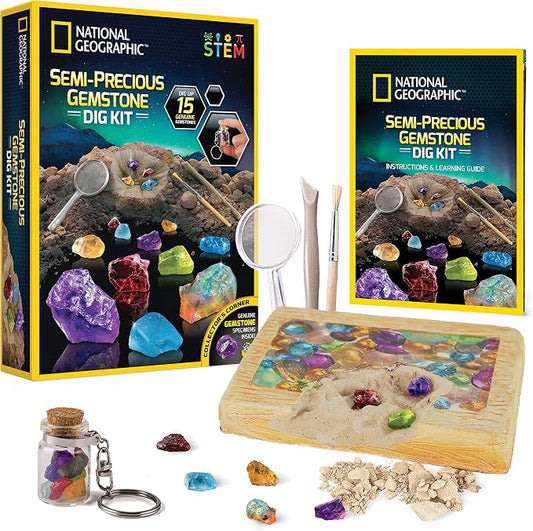 National Geographic Semi-Precious Gemstone Dig Kit for Kids - 15 Real Gems Including Amethyst, Garnet, Opal, Blue Topaz, and More, STEM Rock Collection Activity, Dig Brick, Science Kit for Kids | 15 Real Gems, Amethyst, Garnet, Opal & Blue Topaz, Dig B...