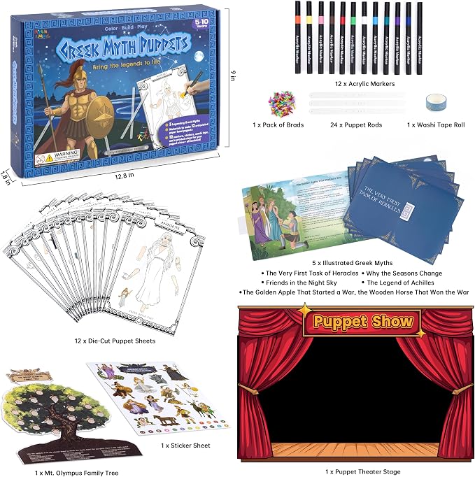 Greek Myths DIY Craft Kit for Kids Ages 5–10, Articulated Paper Puppets to Color, Build & Play, Bring Ancient Legends to Life, Fun Educational Gift (Nighttime Magic)