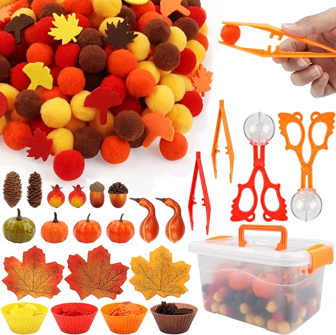 353 PCS Thanksgiving Fall Sensory Bin Fillers Fine Motor Preschool Toys | Autumn Counting Color Sorting Set, With Felt Leaves, Pom Poms, Clip, Silicone Bowls Handy Storage Box,Thanksgiving Gift