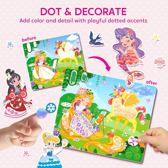 Klever Kits Princess Dot Art Kit for Kids, No Mess Sticker for Kids 3-7, Art and Craft Kits, DIY Creative Activity, Travel Toy, Birthday Presents for Boys Girls