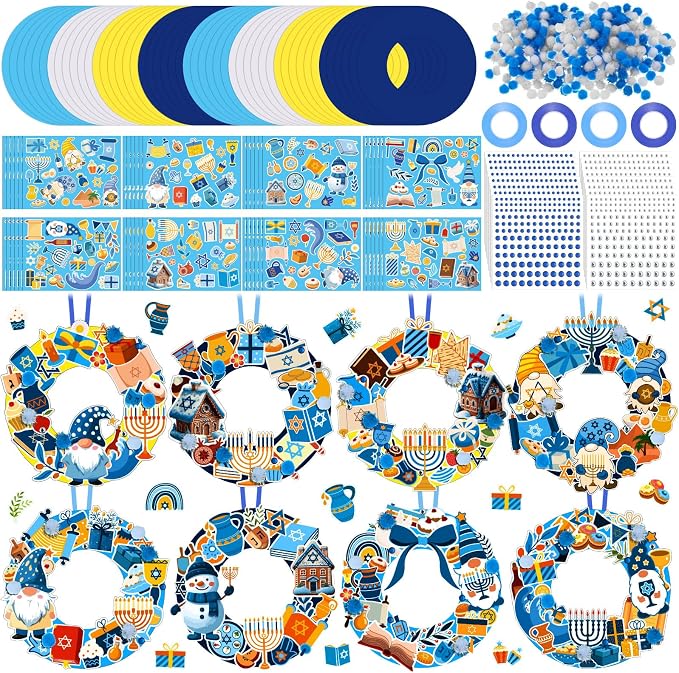Hollowfly 48 Sets Hanukkah Wreath Craft Kits DIY Menorah Ornaments | Make Your Own with Stickers, For Kids Classroom Party Activities, Hanukkah Themed Hanging Decor, Home Celebration