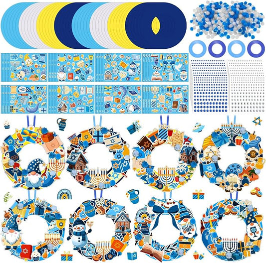 Hollowfly 48 Sets Hanukkah Wreath Craft Kits DIY Menorah Ornaments | Make Your Own with Stickers, For Kids Classroom Party Activities, Hanukkah Themed Hanging Decor, Home Celebration
