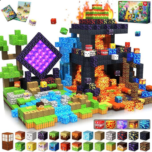 Magnetic Blocks - 300 PCS with Light Up Blocks Dinosaur Volcano Forest Castle Set - Kids Classroom Sensory Toy for Toddlers STEM, Construction Stacking Toy Kids 3+ Boys easter basket stuffers