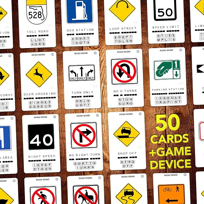 US Road Signs Travel Game - Learn 100 Road Signs | Flash Cards with Slide Reveal Case | Card Game, Gift, Stocking Stuffer | Hours of Fun for Kids and Adults | Ages 6+