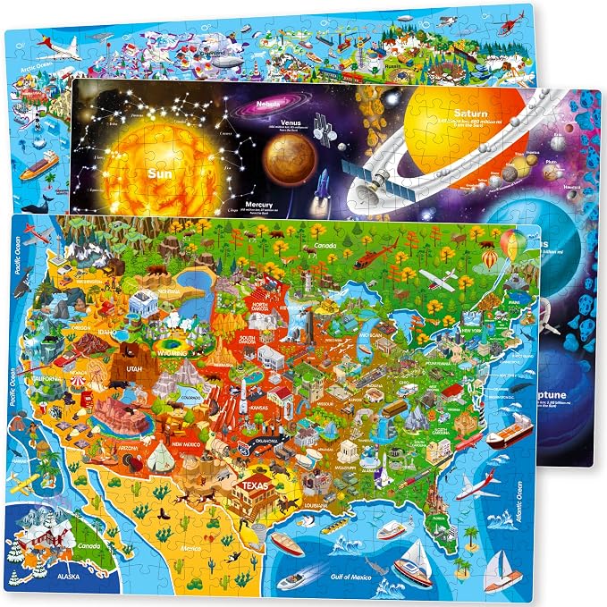 300 Piece Puzzles for Kids Ages 6-8 - 3 Jigsaw Kids Puzzles Ages 4-6 | Puzzles for Kids Ages 8-10 Learning United States Map, World and Space - Educational Game for Children 12 Year Old