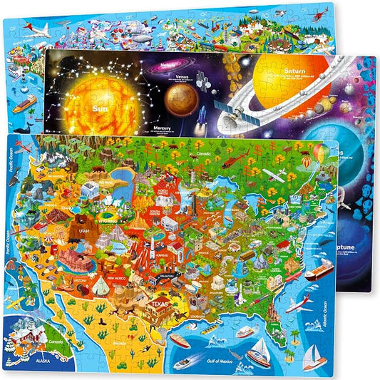 300 Piece Puzzles for Kids Ages 6-8 - 3 Jigsaw Kids Puzzles Ages 4-6 | Puzzles for Kids Ages 8-10 Learning United States Map, World and Space - Educational Game for Children 12 Year Old