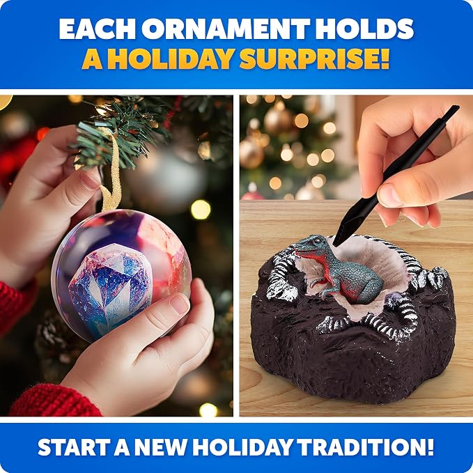 Blue Marble Christmas Ornament Dig Kit with 4 Science Surprises for Kids | 4 Dig Kit Ornaments, Gemstone and Dinosaur Dig Bricks, Excavation Activity, Christmas Craft, Stocking Stuffers