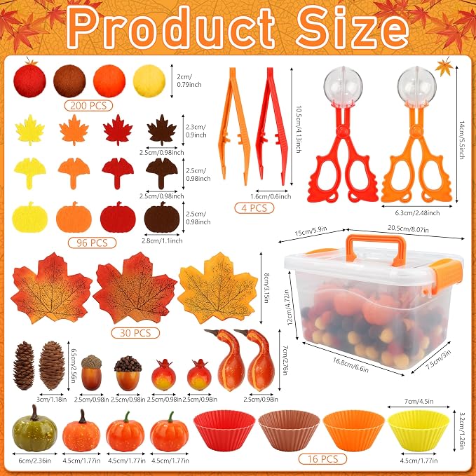 353 PCS Thanksgiving Fall Sensory Bin Fillers Fine Motor Preschool Toys | Autumn Counting Color Sorting Set, With Felt Leaves, Pom Poms, Clip, Silicone Bowls Handy Storage Box,Thanksgiving Gift