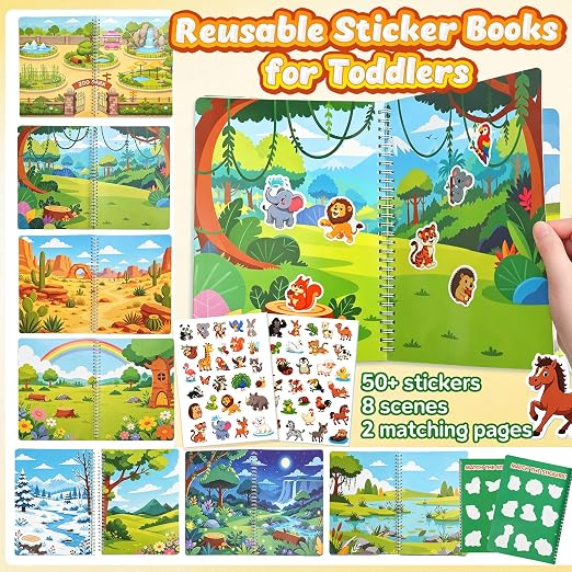 Jelly Animal Sticker Book Airplane Roadtrip Travel Toy for Kid 3-5 Year Old | Car Activities for Toddlers Reusable Sticker Scene Book Preschool Classroom Stickers Waterproof Activity Book for Toddlers