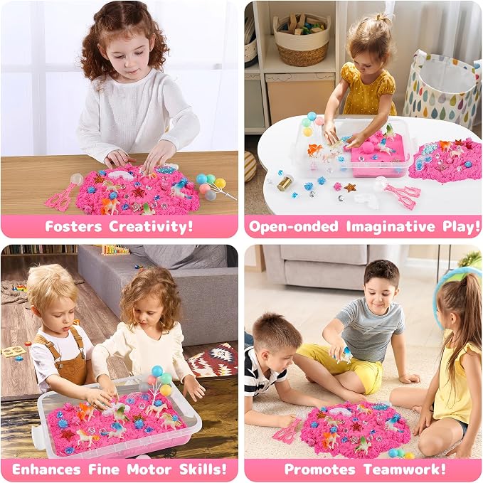 Unicorn Sensory Sand Bin-38 PCS Set with 2 lb Magic Sand, Sensory Bin for Toddlers & Scooper-Count Sparkly Pom-Poms, Bring Unicorns to Life - Ideal Gift for Kids | 38 piece toddler sensory bin kit with magic play sand, scoopers, and sparkly pom-poms. I...