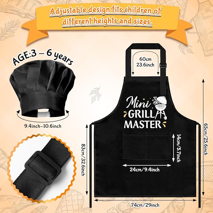 R HORSE Kid Apron and Chef Hat Set 2Pcs Adjustable Black Mini Grill Master Children Kitchen Apron, Dress up Role Play Chef Toy Funny Cooking Baking Painting and Training Kits for Kids Birthday Gift