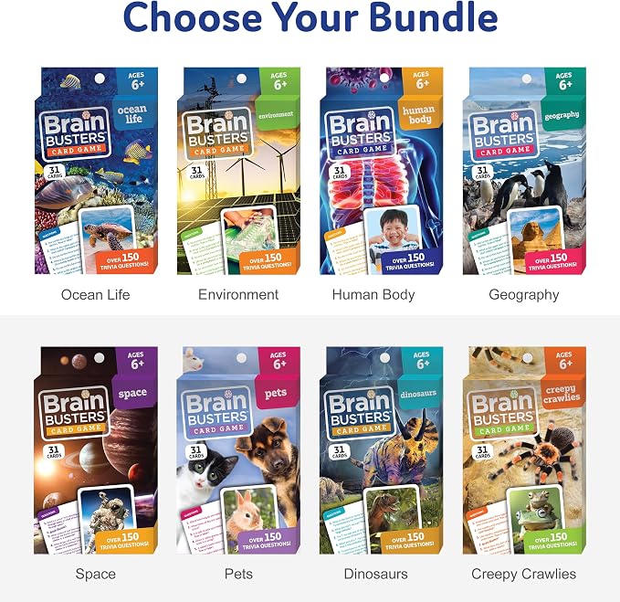 Brain Busters Card Game for Kids, Family Trivia Game Bundle with 120 Flash Cards - Learn and Play with Multiple Choice Trivia Cards About Human Body, Ocean Life, Dinosaurs and Space (Ages 6+)