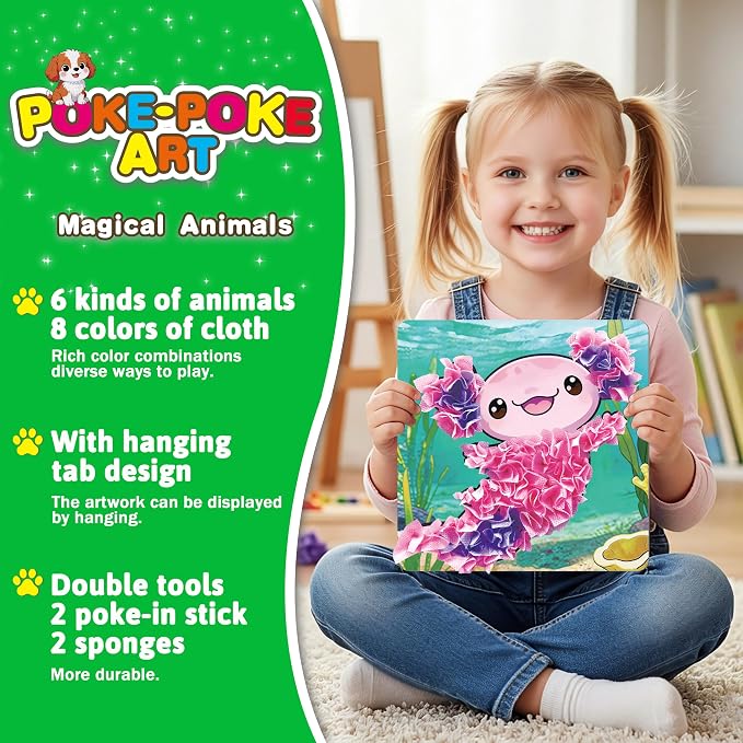 AGENTLAN Animal Poke Art Kit,Mess-Free Crafts for Kids Ages 3-8 | 6 poke in animal designs, 3D Art, no glue, no mess, screen-free activity, travel craft