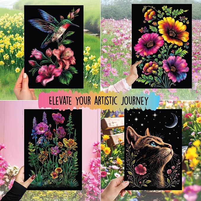 Scratch Art Book for Adults - Floral Series, 10 Rainbow Art and Crafts for Adults | Adult scratch art & foil art for adults kit | stress relief scratch painting, screen-free travel craft | scratch art adult