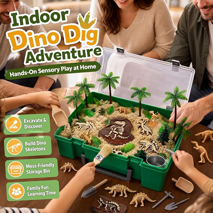 Jenaai Dinosaur Sensory Bin Dinosaur Excavation Archaeology Dig Kit Dino Skeletons Bones Puzzle Game Sandbox Storage with Lid Sand for DIY Making Kit Decoration Gifts Pretend Learning Construction