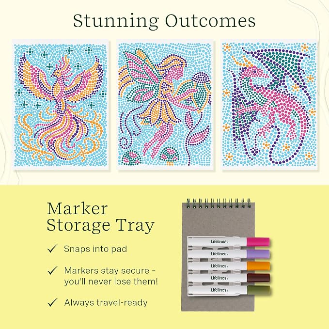 Lifelines FlowArt Mini Activity Pad, 3-Pack - Dot-by-Letter Coloring Books | 15 Double-Sided Markers & 60 Scenes - Guided Art Meditations for Tweens, Adults & Seniors - Dot-by-Letter - Patent-Pending