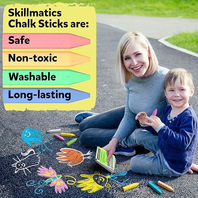 Skillmatics Sidewalk Chalk – Summer Activity, Washable Creative Outdoor Fun | 18 Washable Chalk Sticks, 15 Activities & Games for Kids, Gifts for Boys & Girls Ages 3, 4, 5, 6, 7, 8, 9, 10
