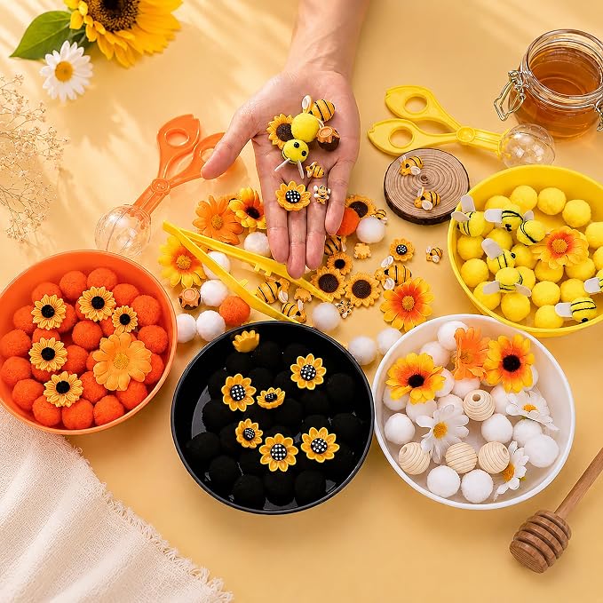VYTHELIS 185PCS Bee & Sunflower Sorting and Counting Materials Set, Spring Summer Activity Supplies, Fine Motor Manipulatives for Classroom, Home and Travel Use（Sunflower ）