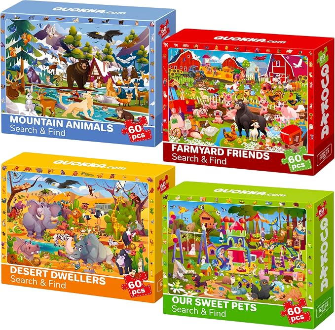 60 Piece Puzzles for Kids Ages 4-6 - 4-Pack Toddler Jigsaw Puzzles Ages 3-5 | Search and Find Animals Jigsaw Puzzle Ages 6-8 - Learning Toys - Educational Games Gift for Boys and Girls