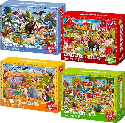 60 Piece Puzzles for Kids Ages 4-6 - 4-Pack Toddler Jigsaw Puzzles Ages 3-5 | Search and Find Animals Jigsaw Puzzle Ages 6-8 - Learning Toys - Educational Games Gift for Boys and Girls
